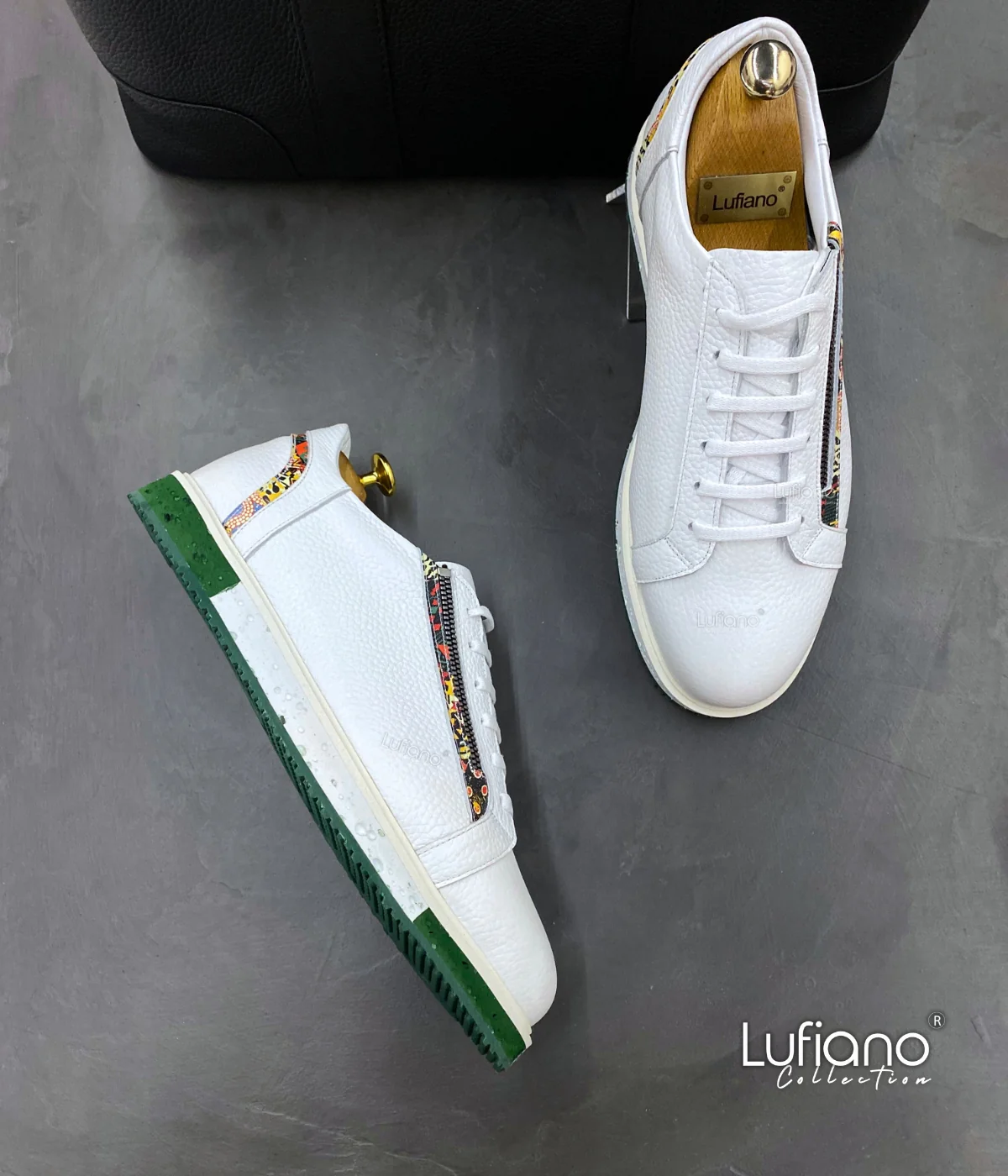 018D - LUFIANO collection Leather Sneaker- White /Green - Image 2