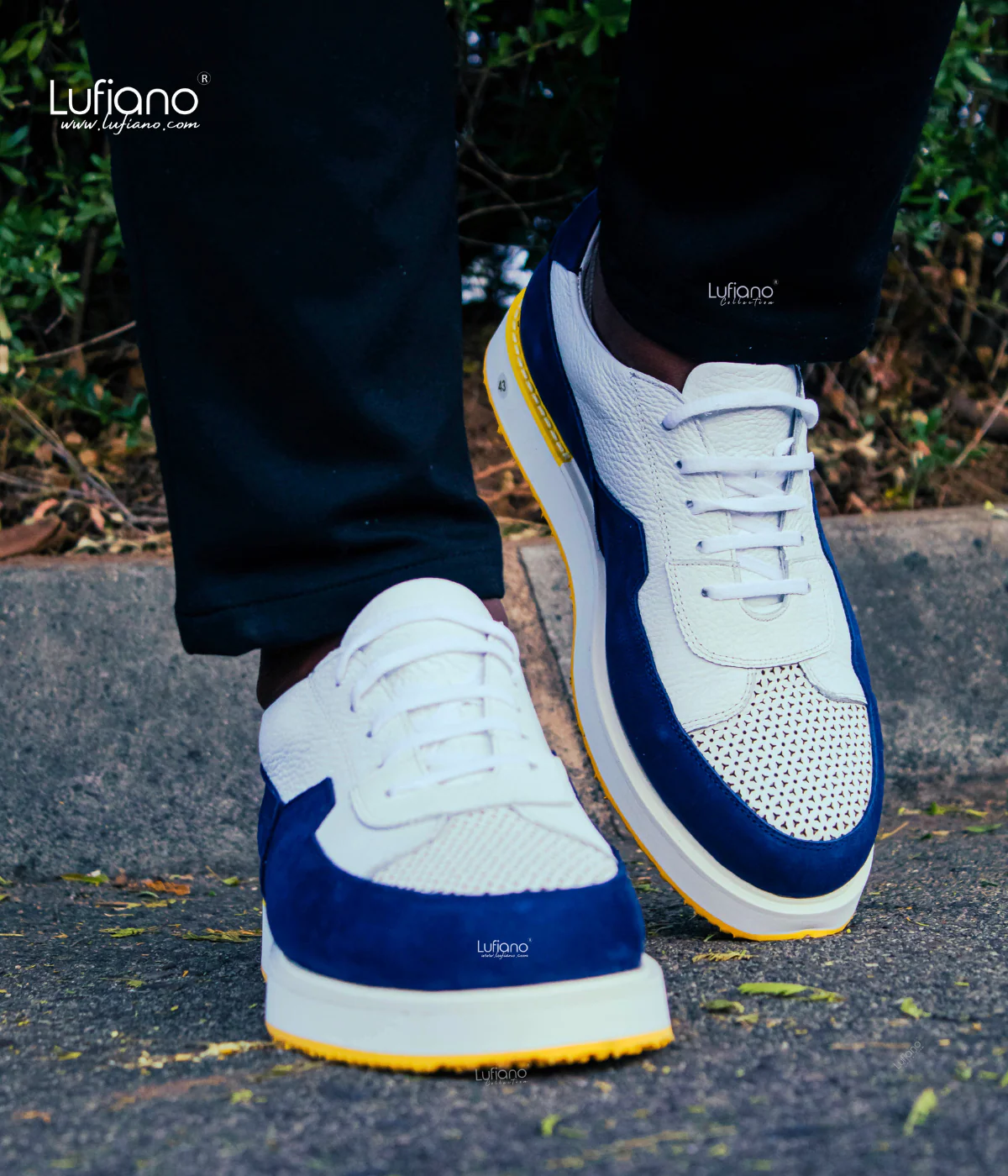 056 - LUFIANO collection Leather Sneaker- White /Blue - Image 3