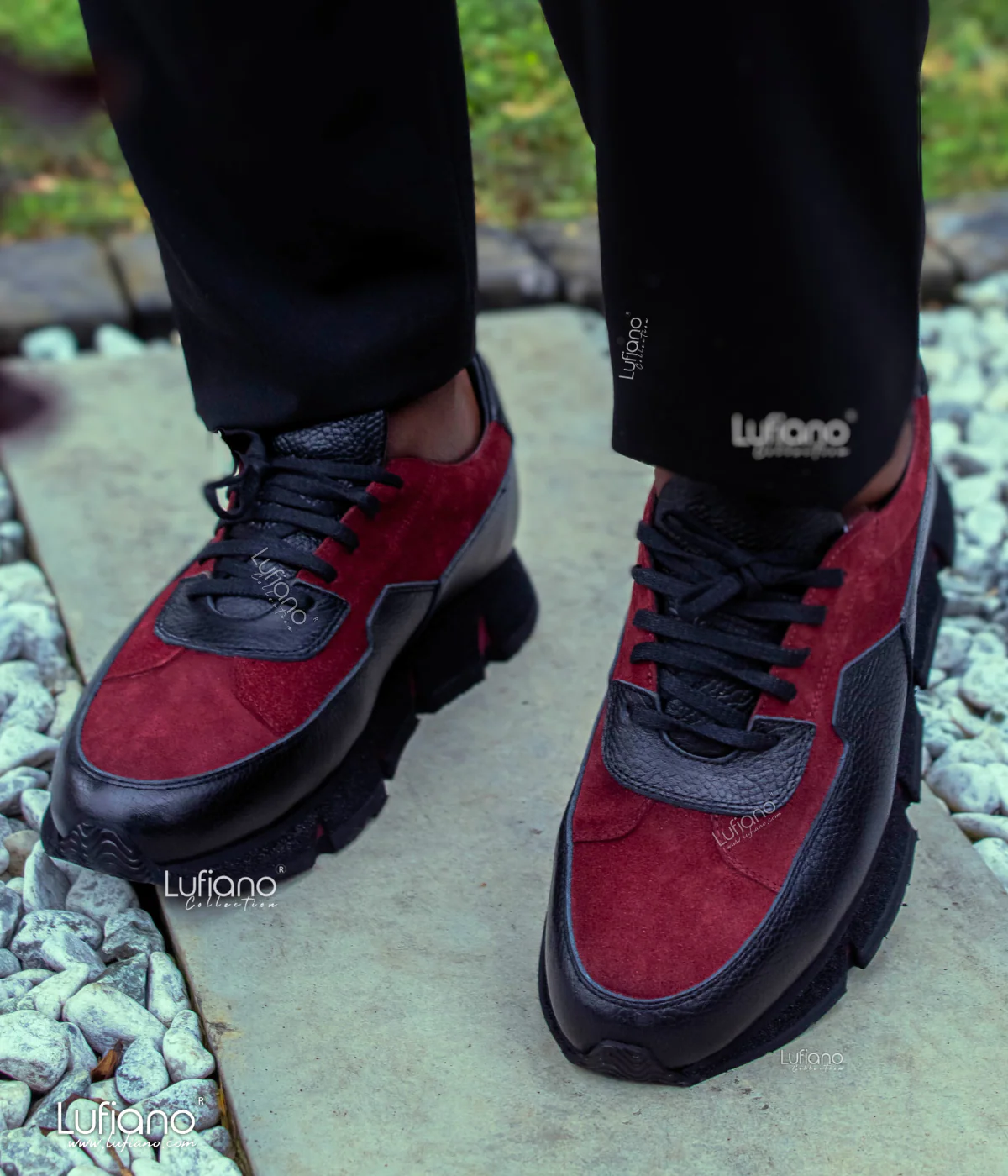 219 - Lufiano Leather Sneaker- Black-Burgundy - Image 3