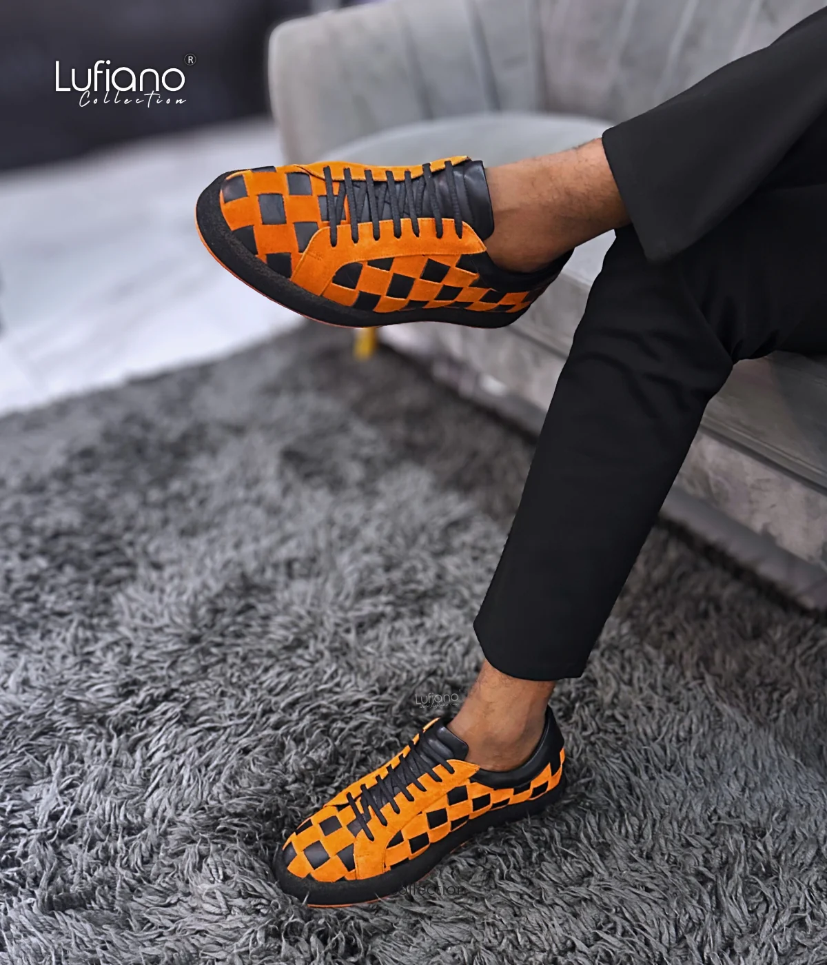 244 Hand Weaved Lufiano Lace Up : Black-Orange - Image 2