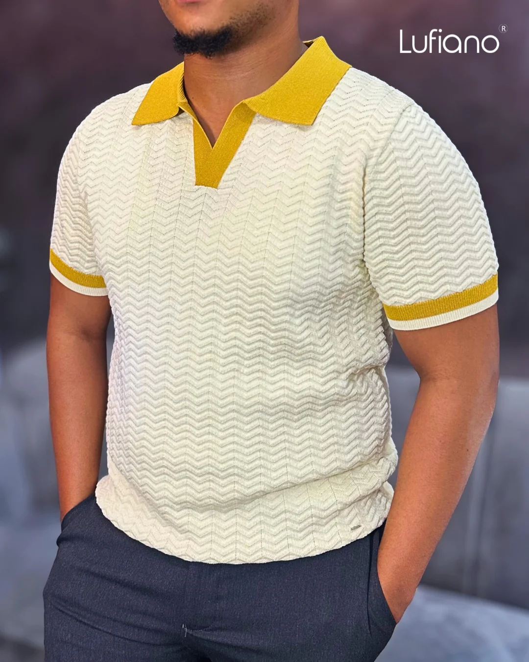 LFN023: Knit Top:Mustard-Cream - Image 2