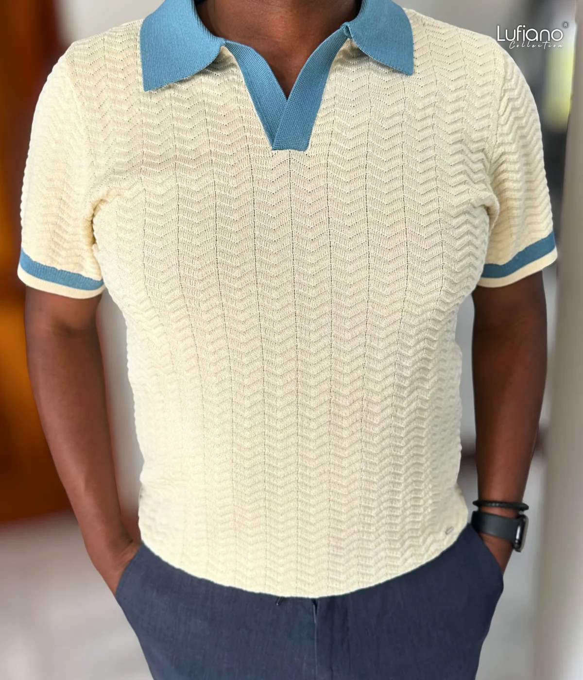 LFN023: Knit Top:Ocean blue-Cream - Image 2