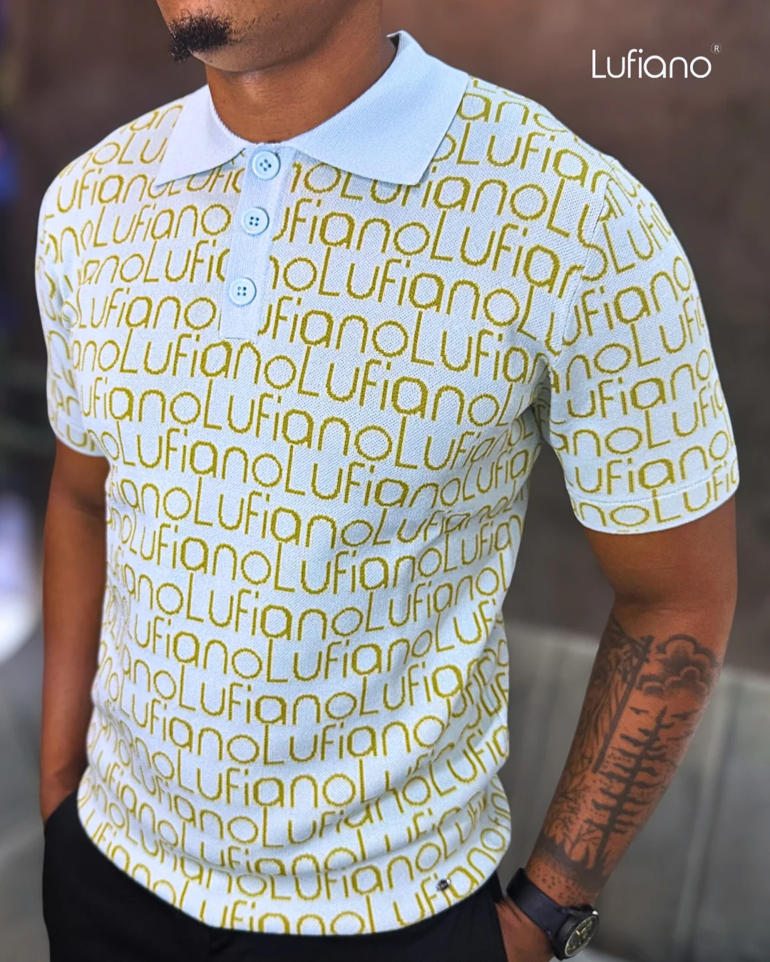 LFN024: Knit Top:Light blue-mustard - Image 2