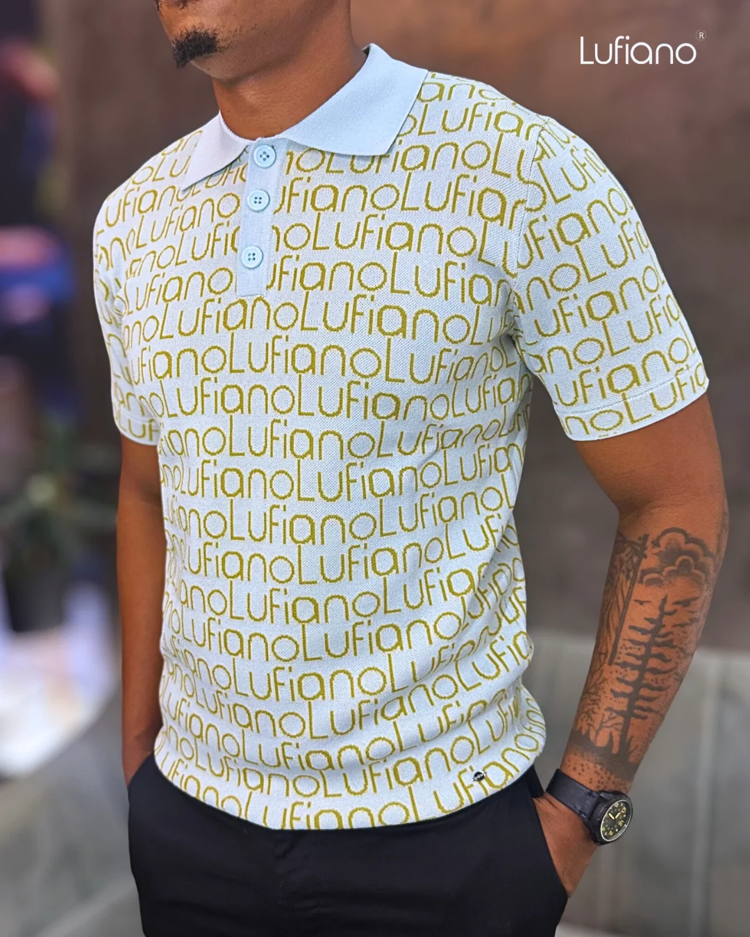 LFN024: Knit Top:Light blue-mustard - Image 3