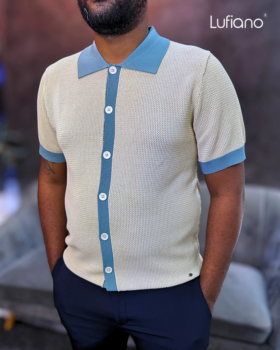 LFN031: Knit Top:Green-beige - Image 2