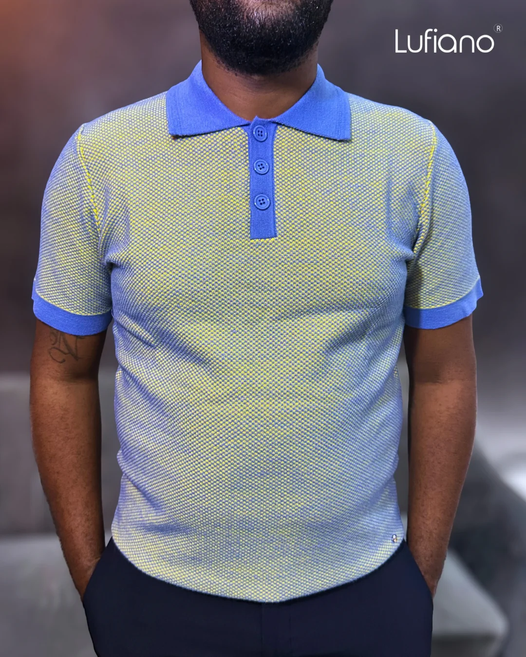 LFN034: Knit Top:Blue-Mustard yellow